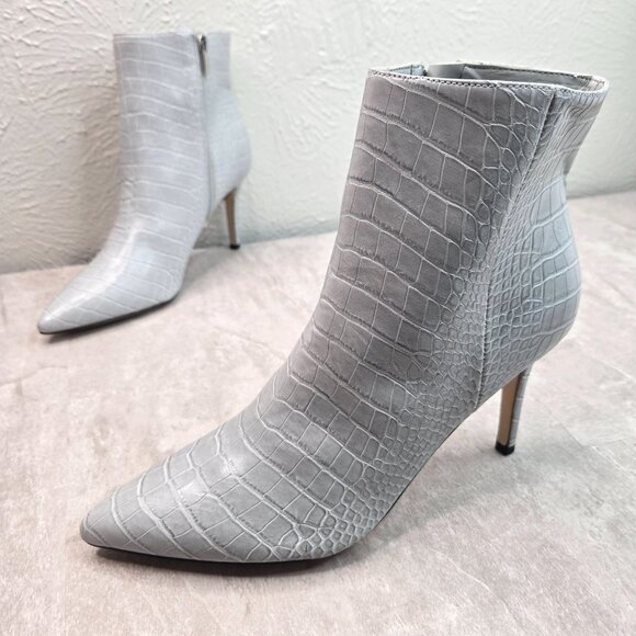 Formal Ankle Boots 9 Gray Croc Embossed Stiletto Heel Pointed Toe Glam Booties - Picture 1 of 11